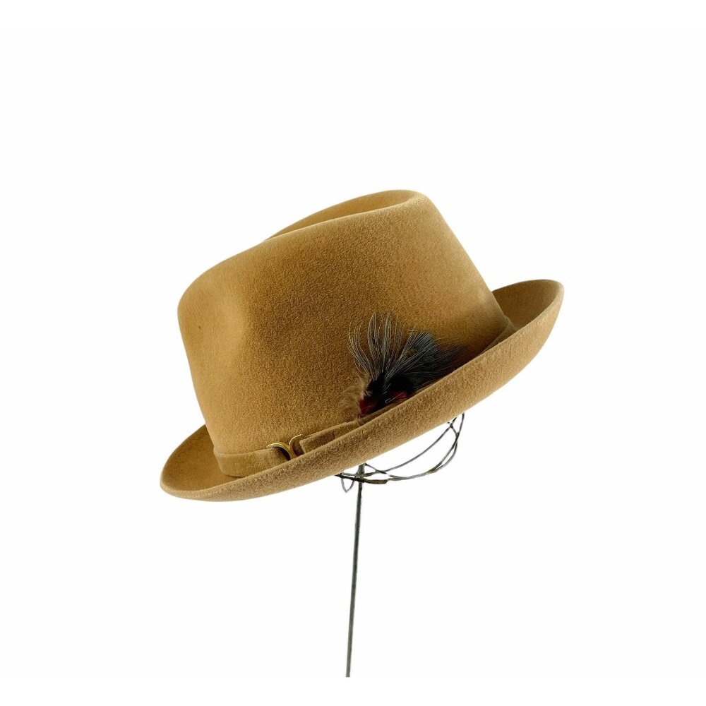 1950s Wool felt fedora with box by Dobbs tan color with feather and harness size